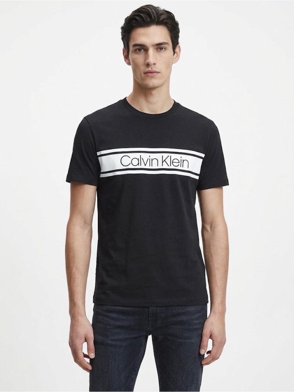 Calvin Klein Black Short-Sleeve Logo Stripe Tee